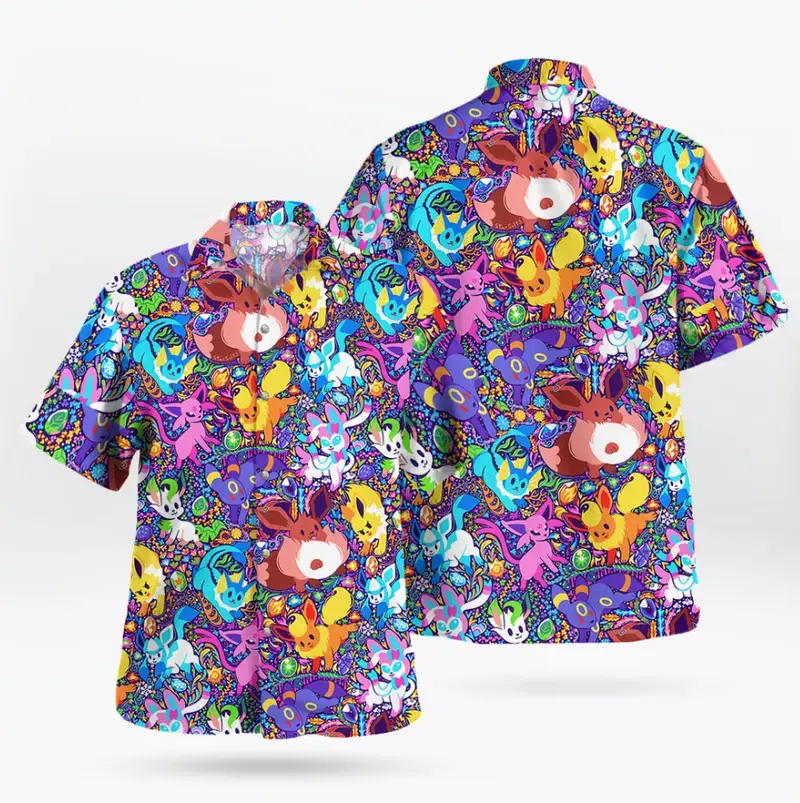 Men's Colorful Fantasy Creature Print Hawaiian Shirt, Casual Short Sleeve Button-Up Beach Shirt, Summer Vacation Resort Wear