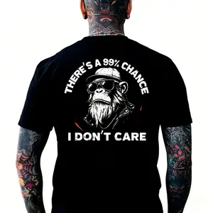 There's A 99% Chance I Don't Care Monkey T-shirt Fitted Short Sleeve Crew Neck Casual Rock Style Summer Medium Length Cotton Made In USA