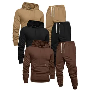 3-Pack Men'S Casual Sports Hoodie and Sweatpants Set, Solid Color, Long Sleeve Pullover with Pocket, Knit Polyester, Slight Stretch, Regular Fit, Elastic Waist with Drawstring, Ribbed Cuff Pants - Spring/Fall Athletic Outfit