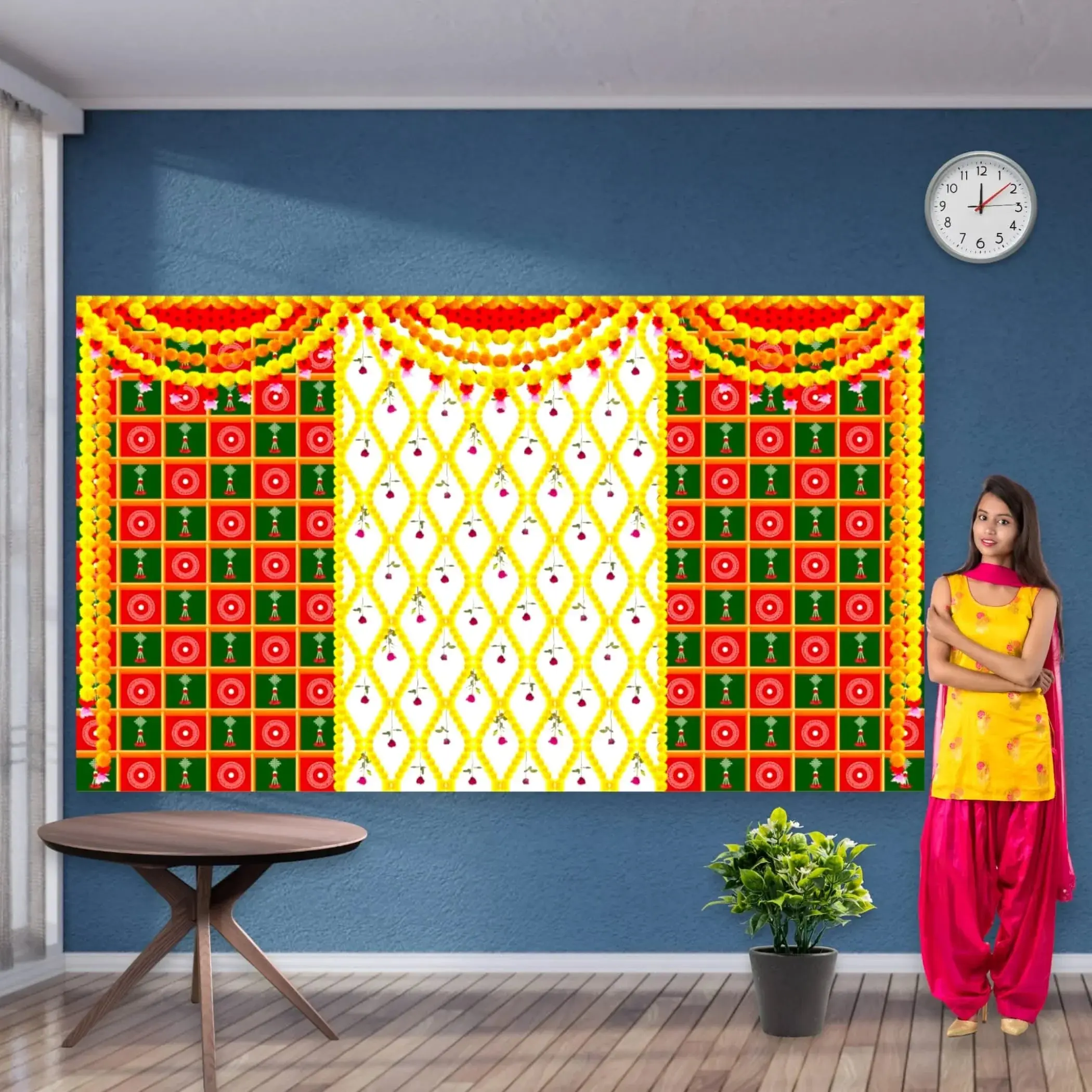 Traditional Marigold Backdrop | 5x8 Ft Elegant Fabric for Indian Weddings, Pooja, Diwali Decor | Sacred Charm for Cherished Celebrations