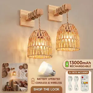 Rattan Wall Sconce, Battery Operated Wall Sconce, Wooden Swing Arm Wall Lamp, Rechargeable Wall Sconce, Woven Lantern Wall Light/Lamp Boho Wall Sconce Set of 2 for Bedroom Living Room
