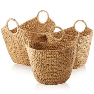 Casafield 3pc Multipurpose Boat Basket Set with Handles, Natural Water Hyacinth, Woven Storage Organizers for Blankets, Bedroom, Living Room, Laundry