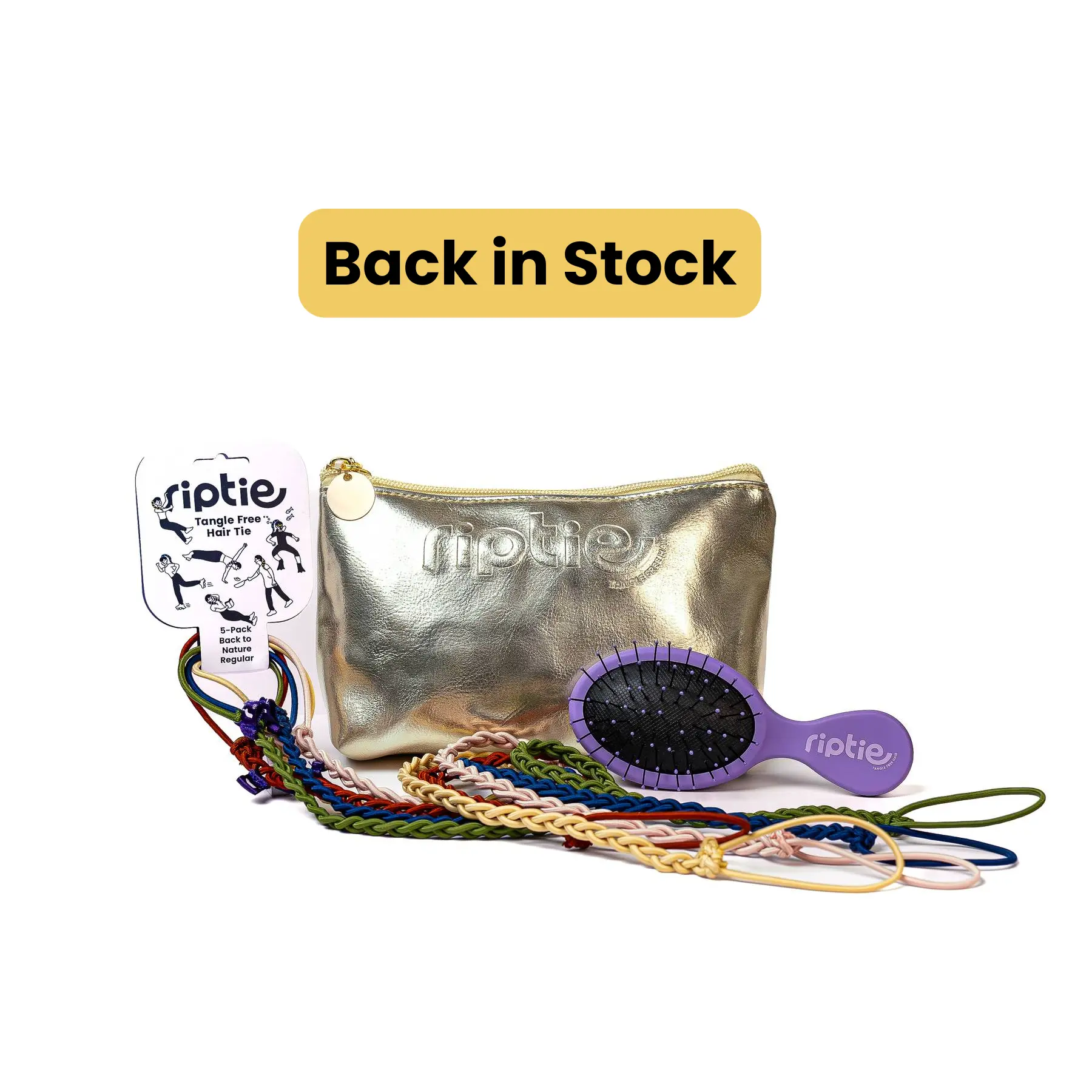 Rip Tie 5 Pack Back to Nature Gift Set Regular Soft Tangle-Free Hair Tie for Women - 5 Hair Ties, Bag and Brush Hair Accessories- As Seen on Shark Tank - Gift Set w/Bag & Brush