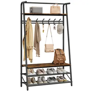 Garvee Coat Rack, Hall Tree with Shoe Storage Bench, 3-in-1, Multifunctional Hallway Organizer, Shoe Storage with Coat Rack Stand, 5 Hooks, Metal Frame, for Entryway, 35.3 x 39.4 x 72.5