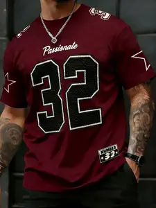 Men's Casual Round Neck Short Sleeve T-Shirt, Numeric Pentagram Print, Fitted Style, All Seasons Wear, Plain Pattern, Casual Stylish Tee
