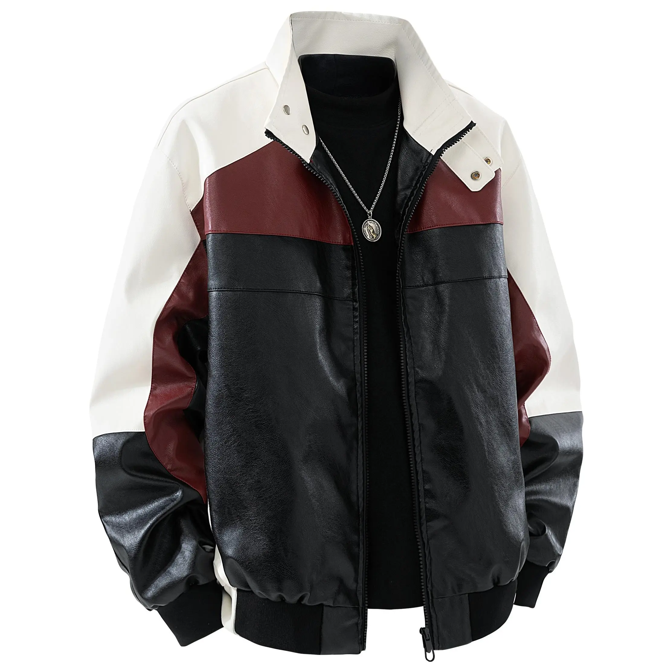 Men’s color-block faux leather bomber jacket with stand collar and zip closure, loose fit, retro racing style, windproof streetwear outerwear coat