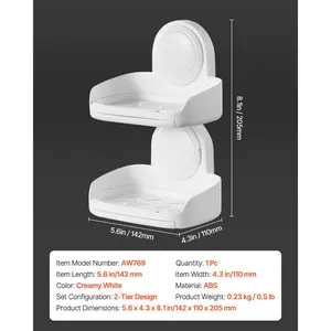 VEVOR Soap Holder for Shower, Double Layer with Suction Cup, Wall Mounted NO-Drilling, Strong Suction Bar Soap Sponge Holder, Self Draining Soap Saver, for Shower Bathroom Bathtub Kitchen, Removable