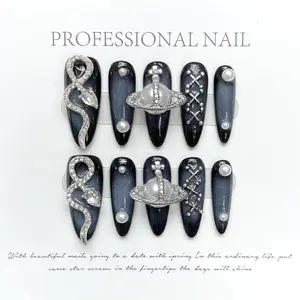 AURÉA Handmade Dark Blue Snake Saturn Press On Nails| Removable Gothic Y2K Nail Art| Long Almond Reusable Fake Nails with Pearl & Chain Detailing
