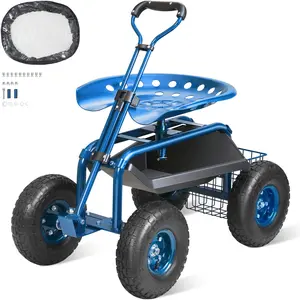 VEVOR Garden Cart Rolling Workseat with Wheels, Gardening Stool for Planting, 360 Degree Swivel Seat, Wagon Scooter with Steering Handle Utility Tool Tray, Use for Patio, Yard, and Outdoors, Blue