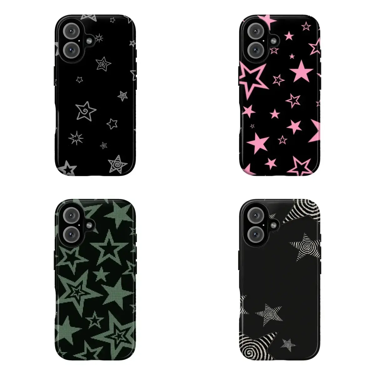 Y2K Black Star Phone Case|Silver, Pink, Green & Swirl Star Prints Shockproof Cover For iPhone 17 Pro Max 16 15 14 13 12 11 | Retro Cybercore Baddie Vibes | Alt Grunge Era | Premium Dual Guard Defense Skin Protector Hard Case Wrap