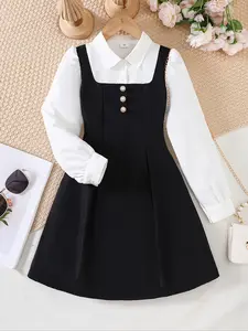 Elegant Girls' Dress Set, Collared Button Dress, Contrast Two-Piece Design, Pearl Buckle Suspenders, Long Sleeve Shirt Look, School Party