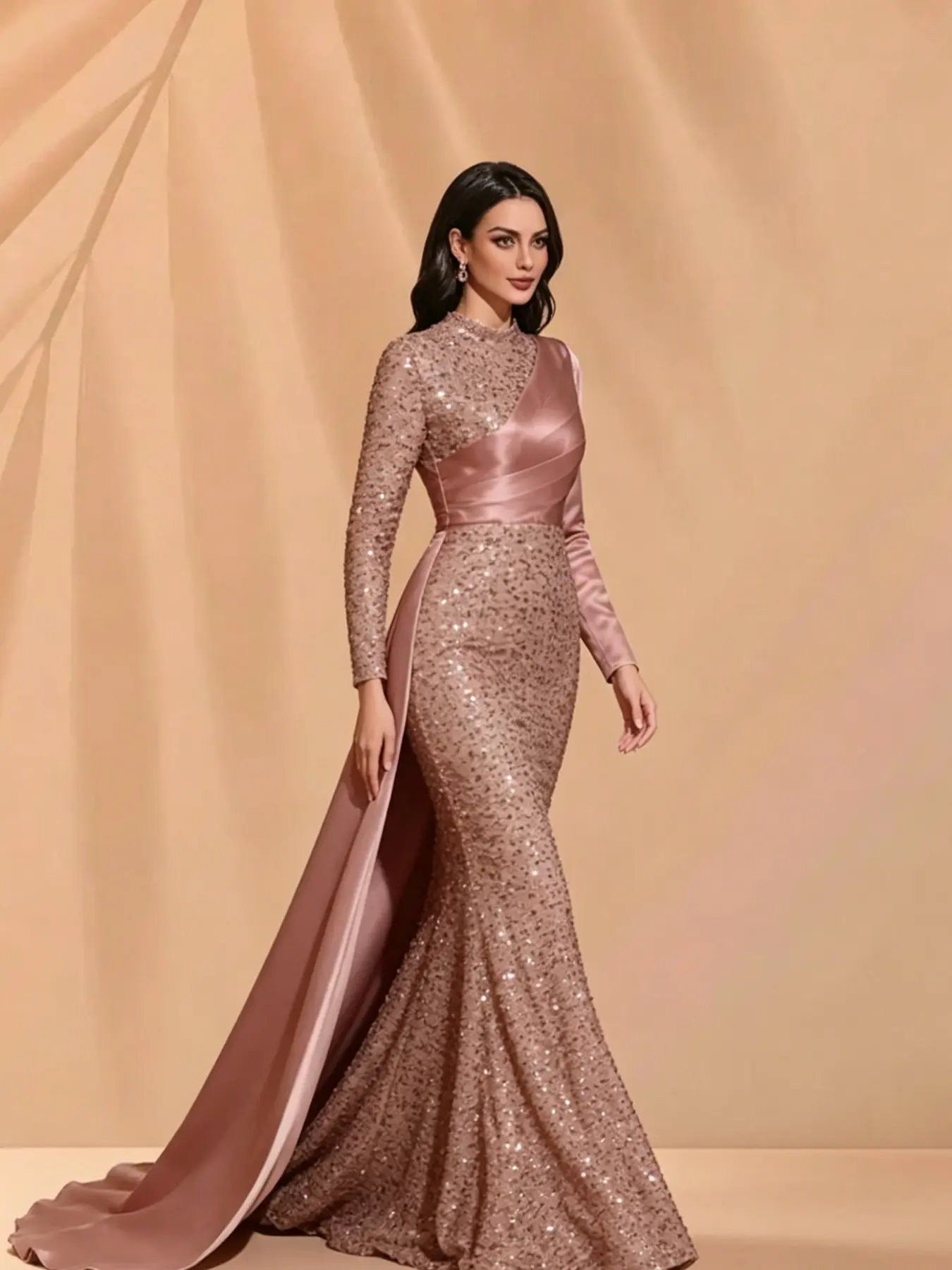 Elegant High Neck Sequined Formal Dress Womenswear, Full-Length Mermaid Style with Skirt, Perfect for Bridesmaids and Graduation Dance, Elegance