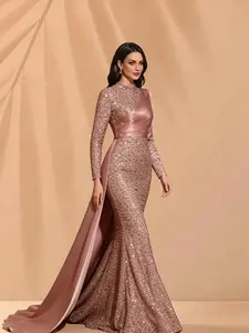 Elegant High Neck Sequined Formal Dress Womenswear, Full-Length Mermaid Style with Skirt, Perfect for Bridesmaids and Graduation Dance