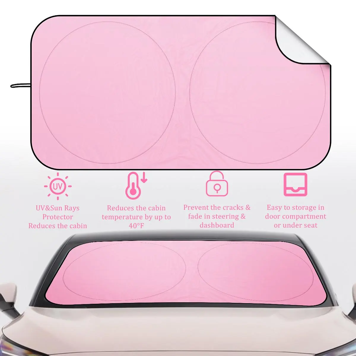 Pink Car Windshield Sun Shade – Double-Ring Foldable Cover for Front Window, UV Protection & Heat Insulation, Keep Cabin Cool, Fits SUVs, Trucks, Girly Car Accessories Car Sunshade Curtains