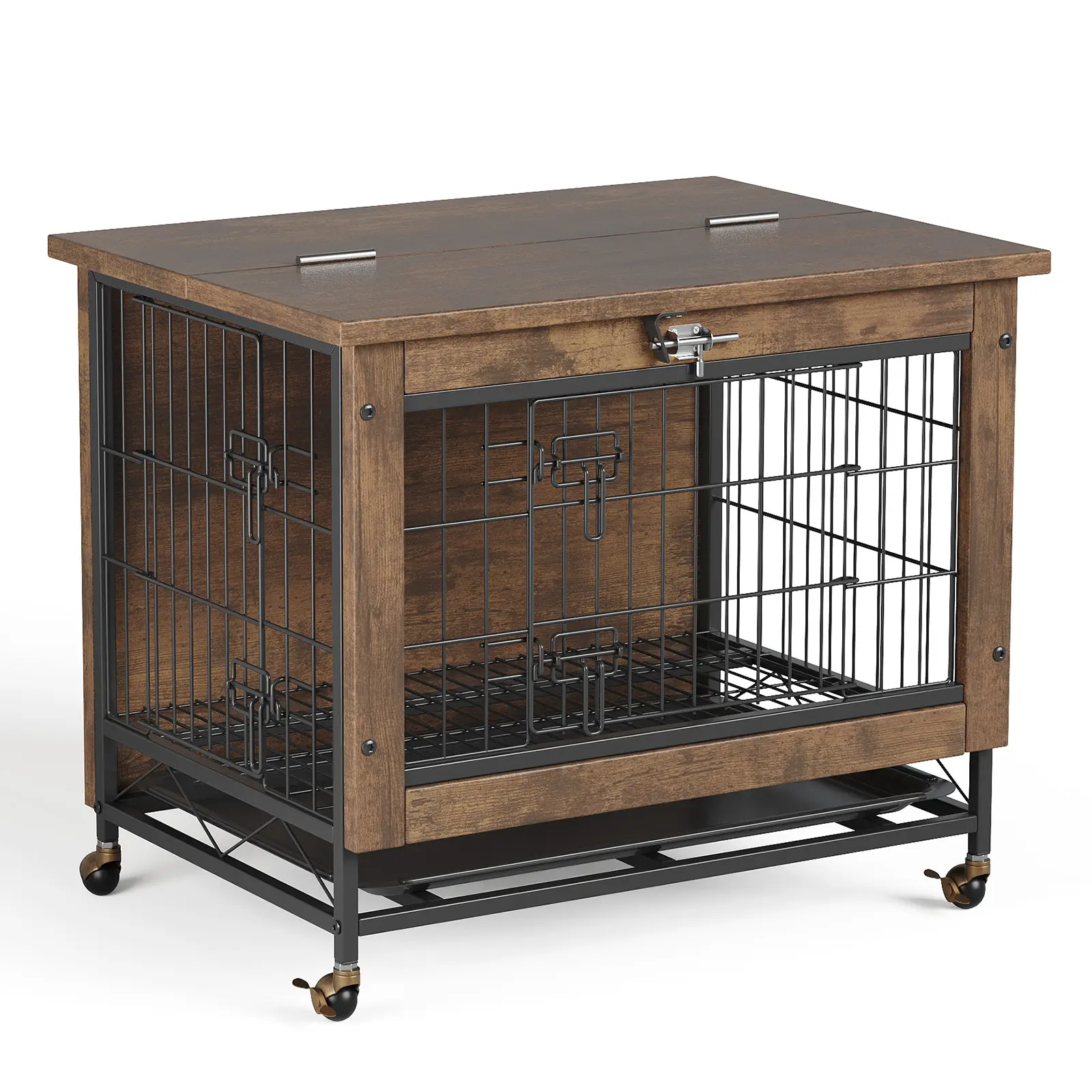 Dog Crate Furniture with Wheels, Heavy Duty Metal and Wood Dog Kennel Indoor, Anti-Chew Pet Cage End Side Table for Small and Medium Breeds