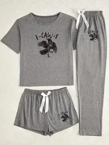 Women's 3-Piece Sleepwear Set, Raven Print Pajamas, Casual Fitted Style, All-Season Comfortable Nightwear, Moderate Fabric Thickness, Pajamas Lounge Set
