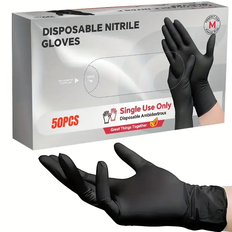 Disposable black nitrile gloves, 100pcs, waterproof, latex free, powder free, 5 mil thickness, portable fit, suitable for maintenance, cleaning, and handicrafts, black nitrile disposable gloves