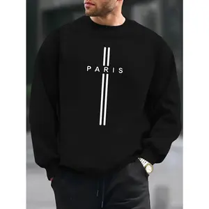 Men's Crew Neck Sweatshirt - Black Casual Long Sleeve Pullover with White Lettering, Regular Fit, Machine Washable, Fashionable Top for Fall and Winter, Comfortable Fabric