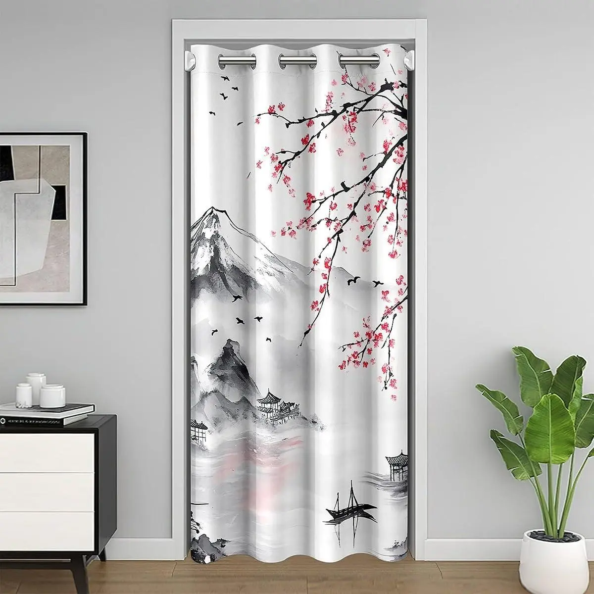 Japanese Ukiyoe Theme Closet Door Cover Curtain Living 1 Panel,Cherry Blossoms Door Curtain Doorway Privacy Fuji Mountain Blackout Curtain Sunset Doors with Windows Decor