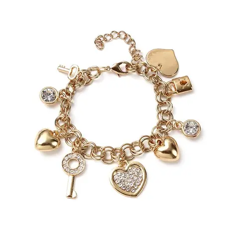 Women's 14K Gold-Plated Link Chain Bracelet with Pendants - Elegant Fashion Wrist Jewelry, Crystal, Heart Love, Key, Lock Charms, 14-Carat Gold Bracelets & Bangles for Daily Wear