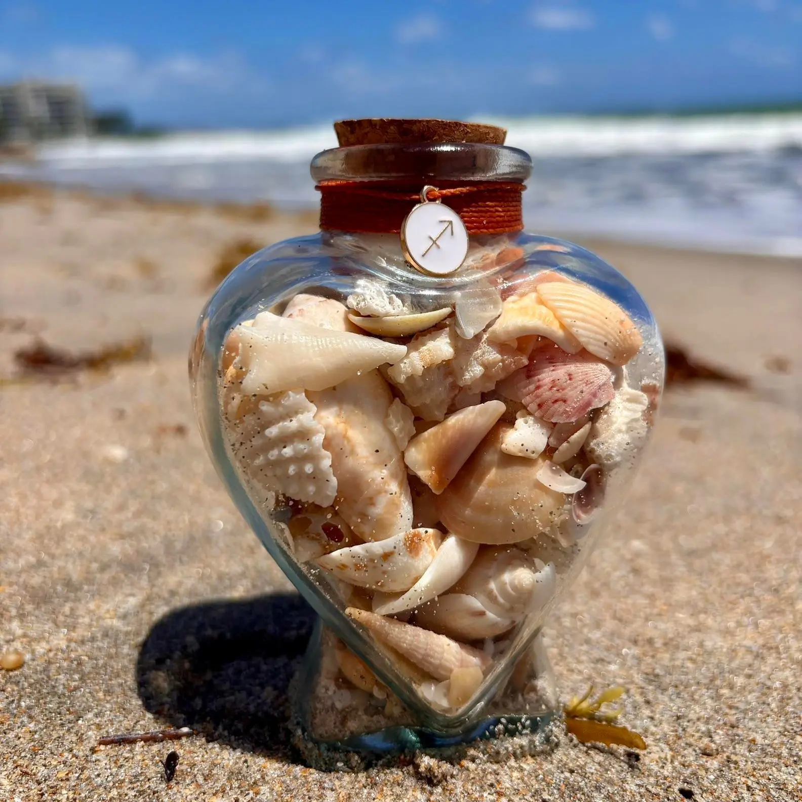 Handmade Nautical Seashell Mermaid Heart Bottle with Zodiac Charm (Taurus, Cancer, Virgo, Sagittarius) - Home Decor Statue, Tropical Florida Shell Vessel, Gemstone Potion Holder, Vanity Piece for Astrology & Ocean Enthusiasts