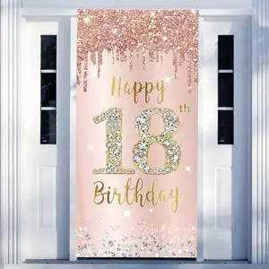 Happy 18th Birthday Door Banner Backdrop Decorations for Girls Pink Rose Gold 18 Birthday Party Door Cover Sign Supplies Eighteenth Birthday Poster Background Photo Booth Props Decor