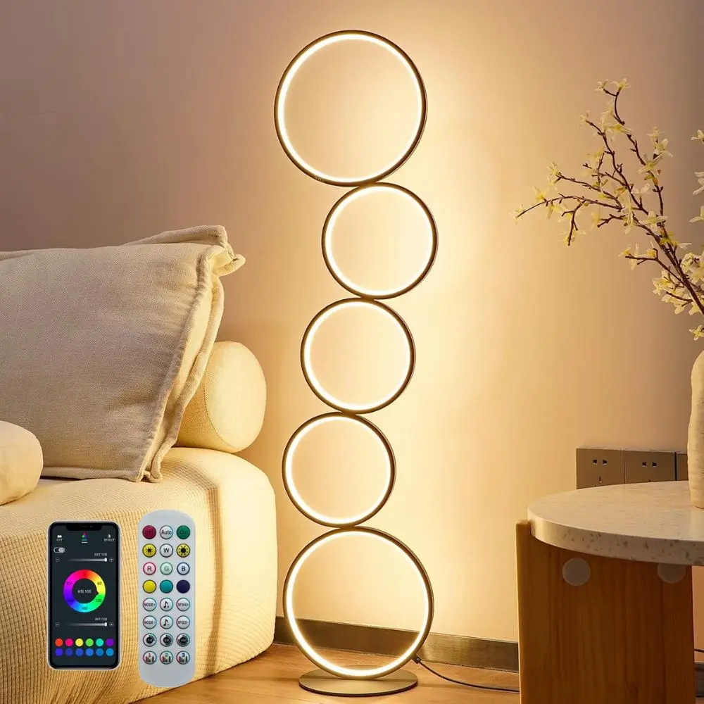 RGBCW Modern 5-Ring LED Floor Lamp - 43.3in Tall Silicon-Enhanced Home Lighting, 10.2in L x 8.3in W Sculptural Minimalist Geometric Light, Remote & App Control, Stepless Dimmable Customizable Decorative Atmosphere Light for Living Rooms, Office