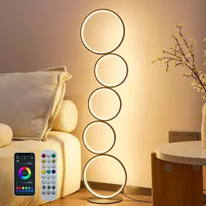 RGBCW Modern 5-Ring LED Floor Lamp, 43.3" Artistic Nesting Circle Standing Lamp, Stepless Dimmable Sculptural Accent Light for Living Room, Bedroom & Office, Minimalist Geometric Decor, Remote & App Control