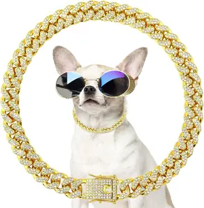 Dog Chain Collar - Cuban Link Diamond Gold Chain for Dogs, Sparkly Metal Pet Necklace for Small Medium Dogs & Cats with Secure Buckle bows
