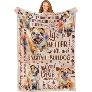 English Bulldog Gifts, English Bulldog Throw Blanket for Women, Flannel Blanket for Dog Lover, Dog Owner, 65 x 50 Inches, Printed on One Side with a Plain White Back, Halloween Thanksgiving Christmas Gift