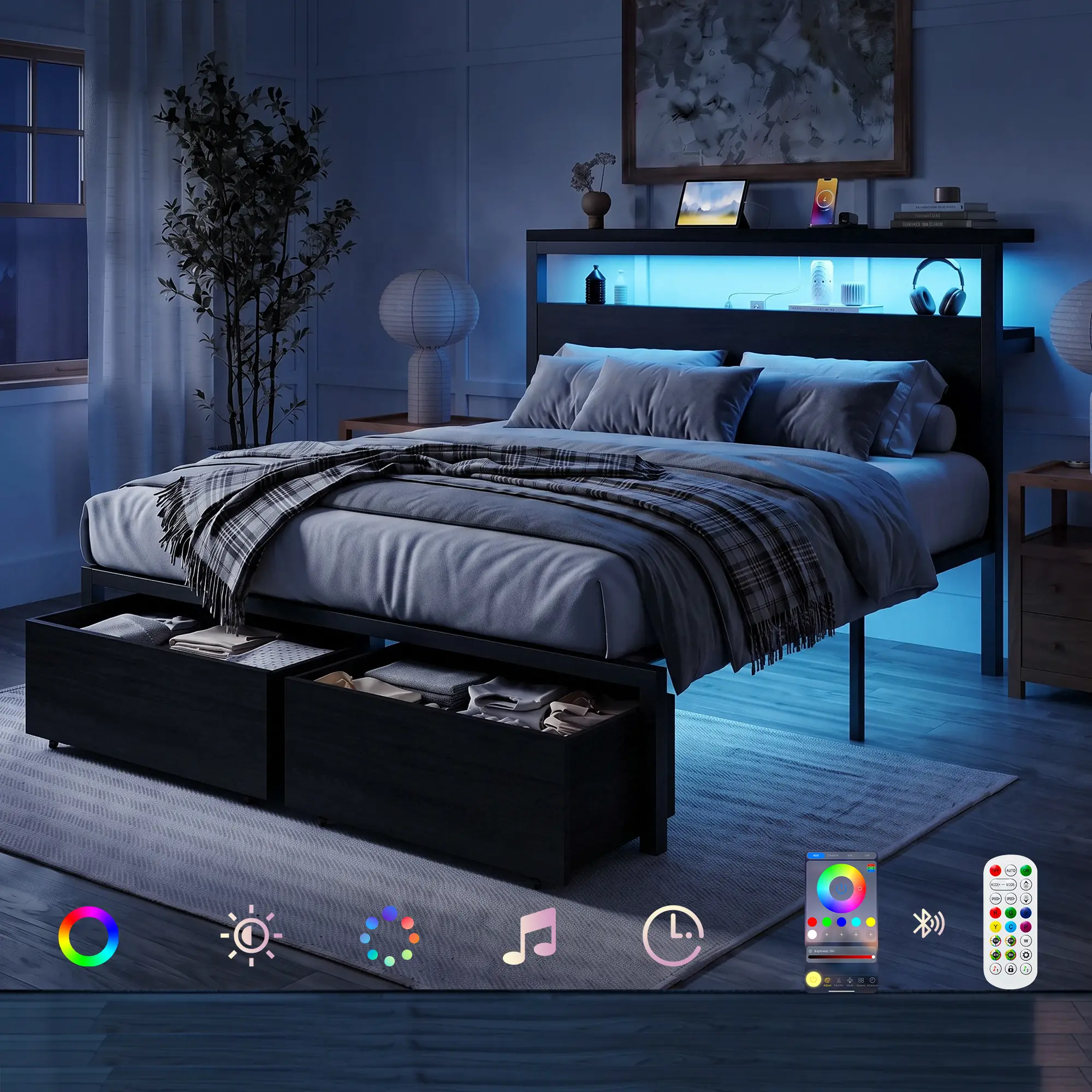MUTICOR Platform Bed Frame with 2-Tier Storage Headboard, Built-In LED Lights & Charging Station, Wood & Metal Frame, Large Under-Bed Storage Drawers, No Box Spring Needed, Noise-Free, Easy Assembly