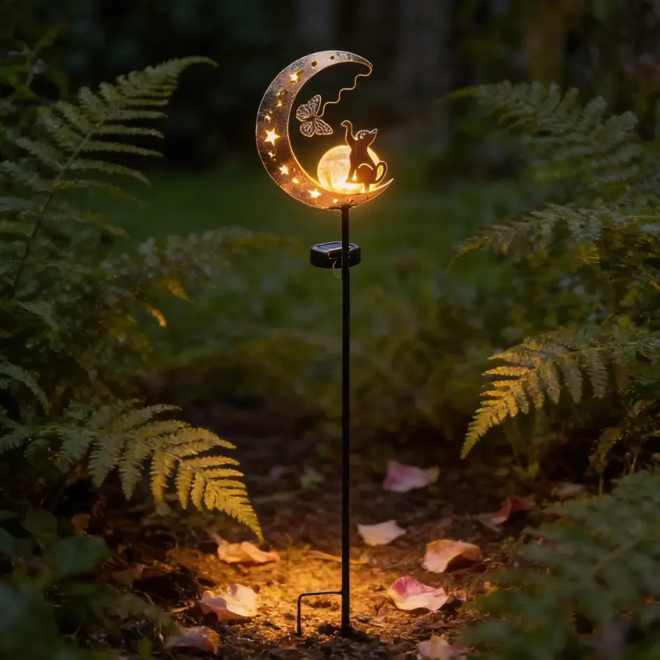 Solar Cat & Moon Garden Stake Light - Waterproof Metal Outdoor Decor with Crackle Glass Ball LED, Landscape Accent for Lawn/Patio, Cute Gift for Cat Lovers