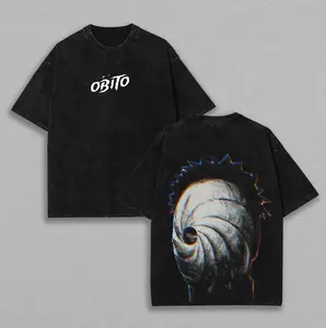 Men's Obito Naruto Anime Double-Printed Vintage Washed Heavyweight Cotton T-Shirt - Unisex Oversize Crewneck Short-Sleeve Streetwear, Gift for Anime Fans