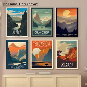 Vintage National Park Pattern Unframed Painting, 1/6 Counts Modern Wall Art Poster, Wall Art Decor for Home Living Room Bedroom Office School, Ornaments