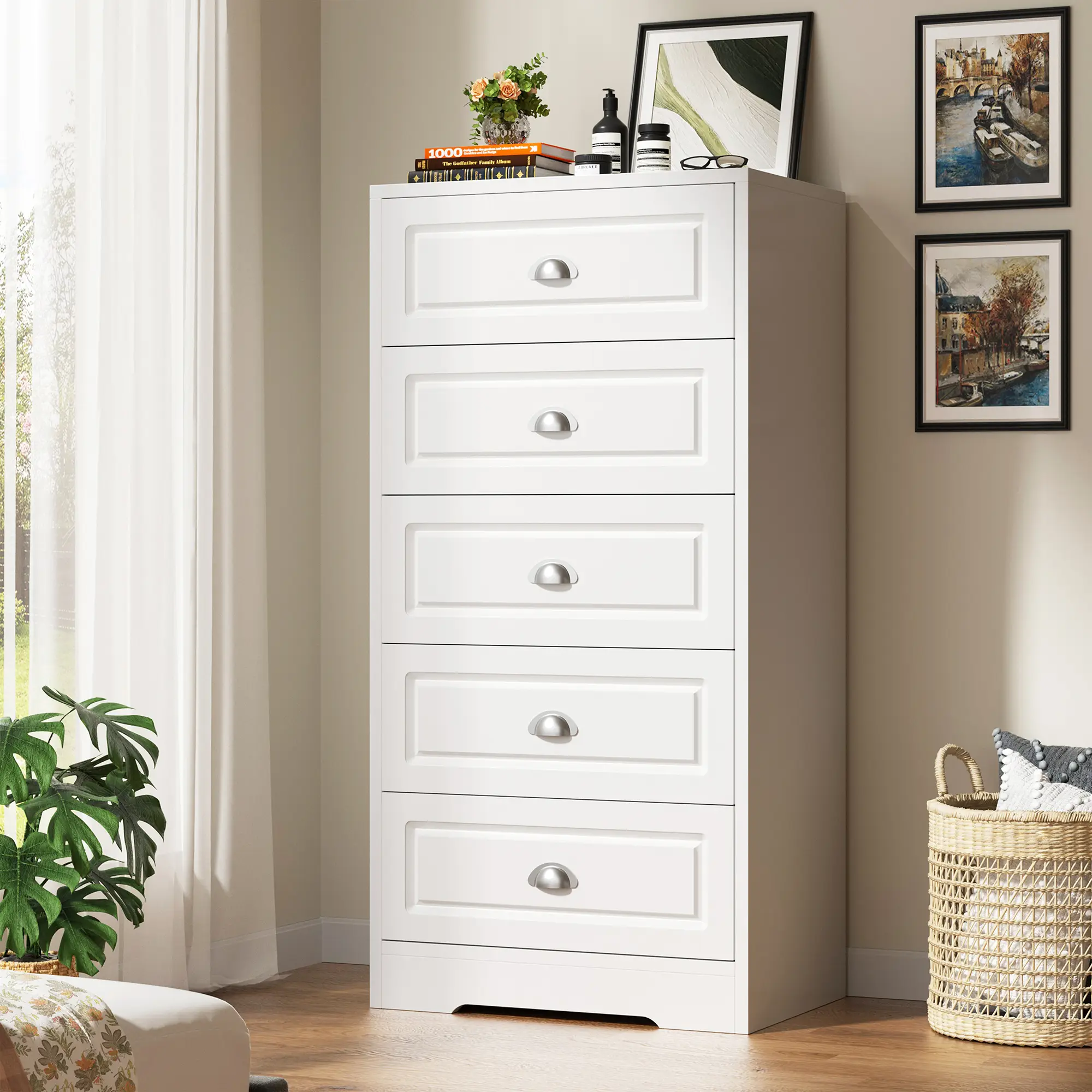 Walsunny 5 Drawers Dresser for Bedroom, Wood Farmhouse Drawer Chest, Tall Dresser Storage, Dressers Organizer for Nursery, Hallway, WhiteAdjustable