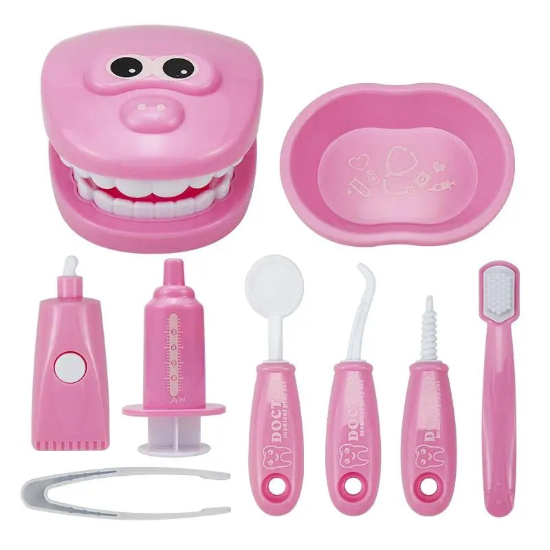 9PCS Nontoxic Colored Plastic Doctor Playset with Dental Tools - Unisex Pretend Play Dentist Toy Kit for Kids to Cultivate Dental Hygienic Habits