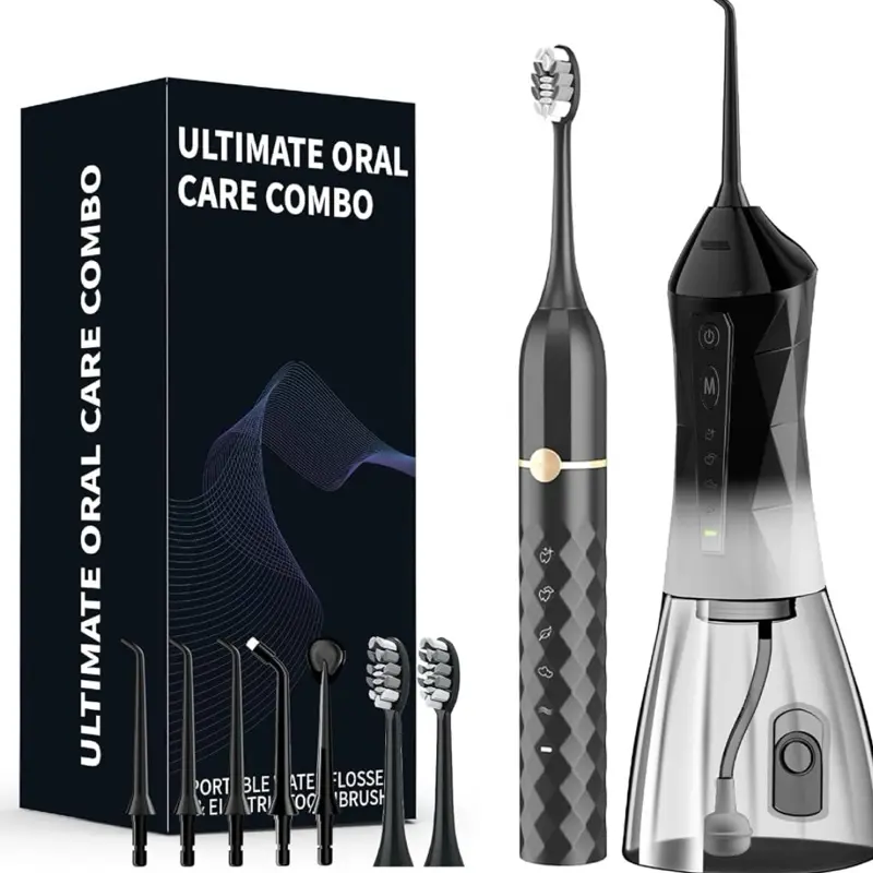Water flosser+Electric Toothbrush Combination Set -5-Speed Sonic Electric Toothbrush, 4-Speed Portable Water flosser, Super Waterproof, a Great Gift for Friends (Black)