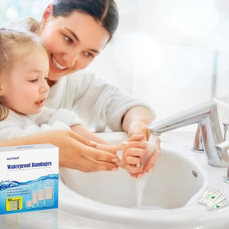 Ourmed Waterproof Bandages, Clear Adhesive Bandages for First-Aid, Wound Care, Fingers, Knees and Heels, Stays on Skin in The Bath, Shower or Pool, Assorted Sizes, 100 Count