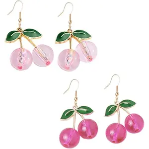 2 Pairs Charm Cute 3D Green Leaf Red Cherry Dangle Earrings Fruits Tassel cerise Hook Drop Statement Earrings Set for Women Girls Jewelry gift