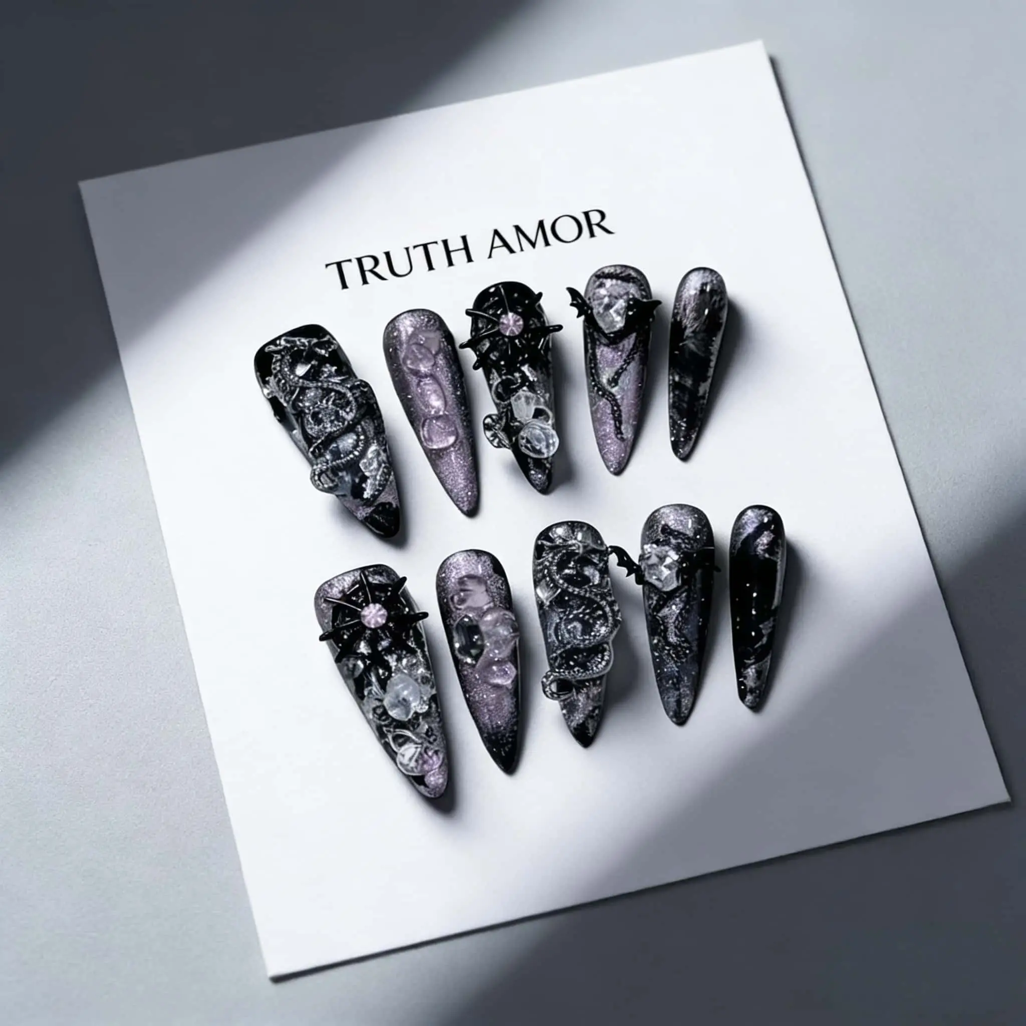 1Set, TRUTH AMOR Gothic Press On Nails, 10Pcs Long Stiletto Shape, Black Purple Glitter Gradient With Spider Crystal Metal Charms, Easy Wear For Party Daily, ViralDarkStyleNail, TrendyManicureAccessory, PortableNailDecoration
