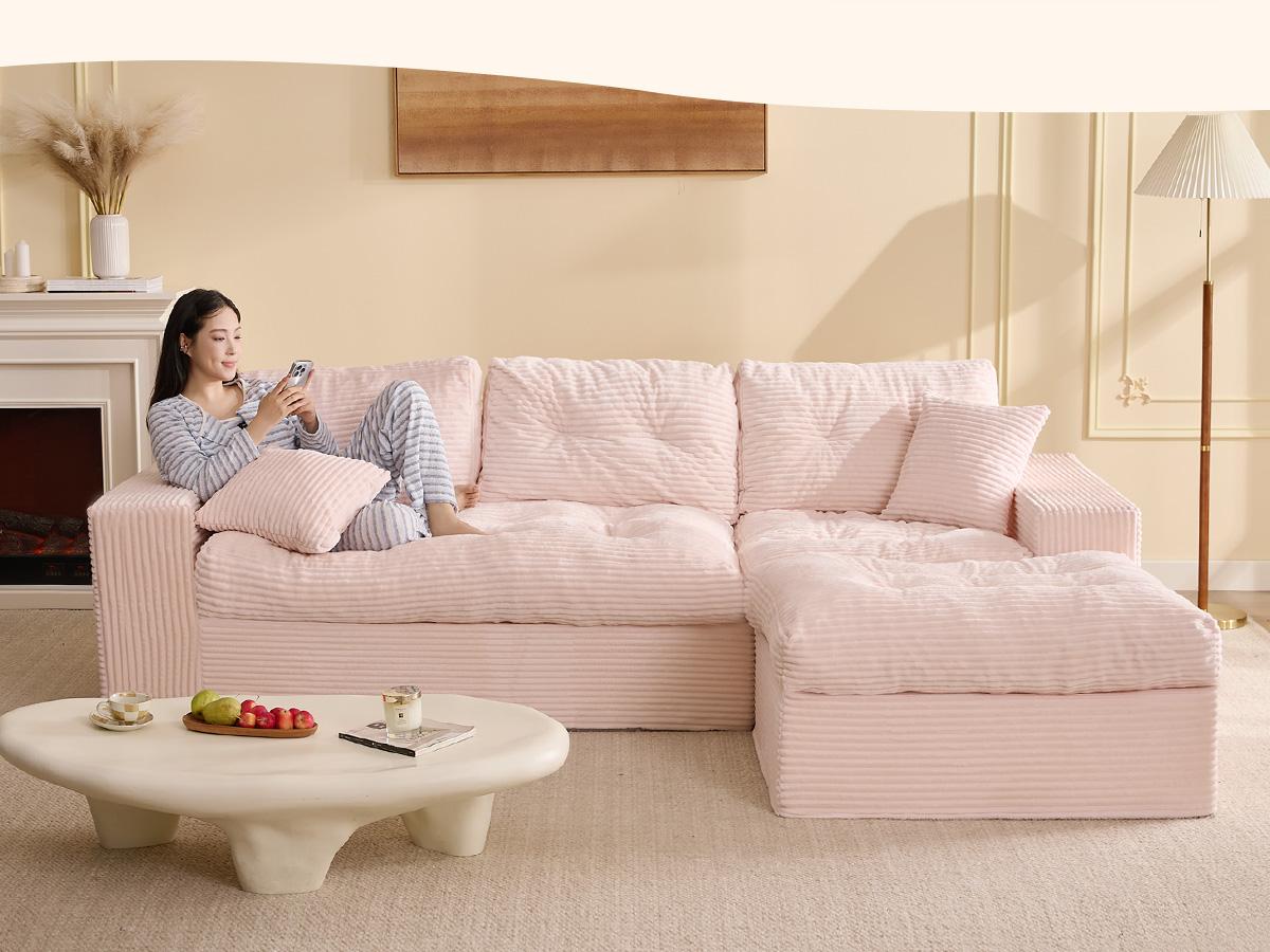【2 Packages Shipping】Boneless Sectional Couch,Modular Sectional Sofa, 102” L-Shaped Corduroy Couch with 1 Ottoman, Deep Seat Comfy Sectional for Living Room, Set of Soft Upholstered Cloud Couch for Apartment，Furniture,Sofa Bed Couch,Pink Couch