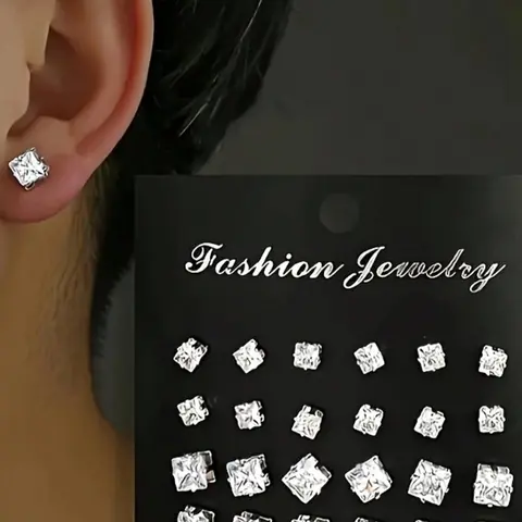 Fashion Minimalist Artificial Zircon Heart/Round/Square Shape Stud Earring Set, Gender Neutral Jewelry Gift for Graduates, Men and Women Ear Accessories, Shining Earrings, Stud Earrings, Square Studs