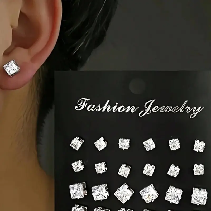 Fashion Minimalist Artificial Zircon Heart/Round/Square Shape Stud Earring Set, Gender Neutral Jewelry Gift for Graduates, Men and Women Ear Accessories, Shining Earrings, Stud Earrings, Square Studs