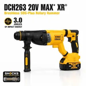 DEWALT 20V MAX XR Brushless 1-1/8 in. SDS PLUS Rotary Hammer DCH263 features 3.0 Joules Impact Energy with SHOCKS Vibration Control Heavy Duty 3-Mode Concrete Drilling Bare Tool with 5.0Ah Battery