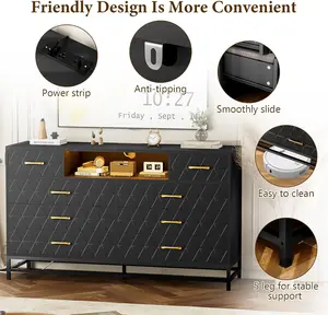 【Christmas Gift】55 Inch Black 8 Drawer Dresser With Rgb Led Lights Built In Power Outlets Minimalist Bedroom Chest With Gold Knobs Anti Tilt Safety Deep Drawers And Tv Stand Functionality Black
