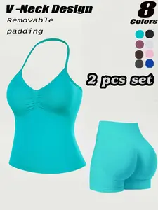 Women's New Seamless Halter Sports Bra + Peach Butt Shorts Set, V-Neck Detachable Pads, High Elasticity Workout, Fashionable and Slimming, Yoga Clothes Set