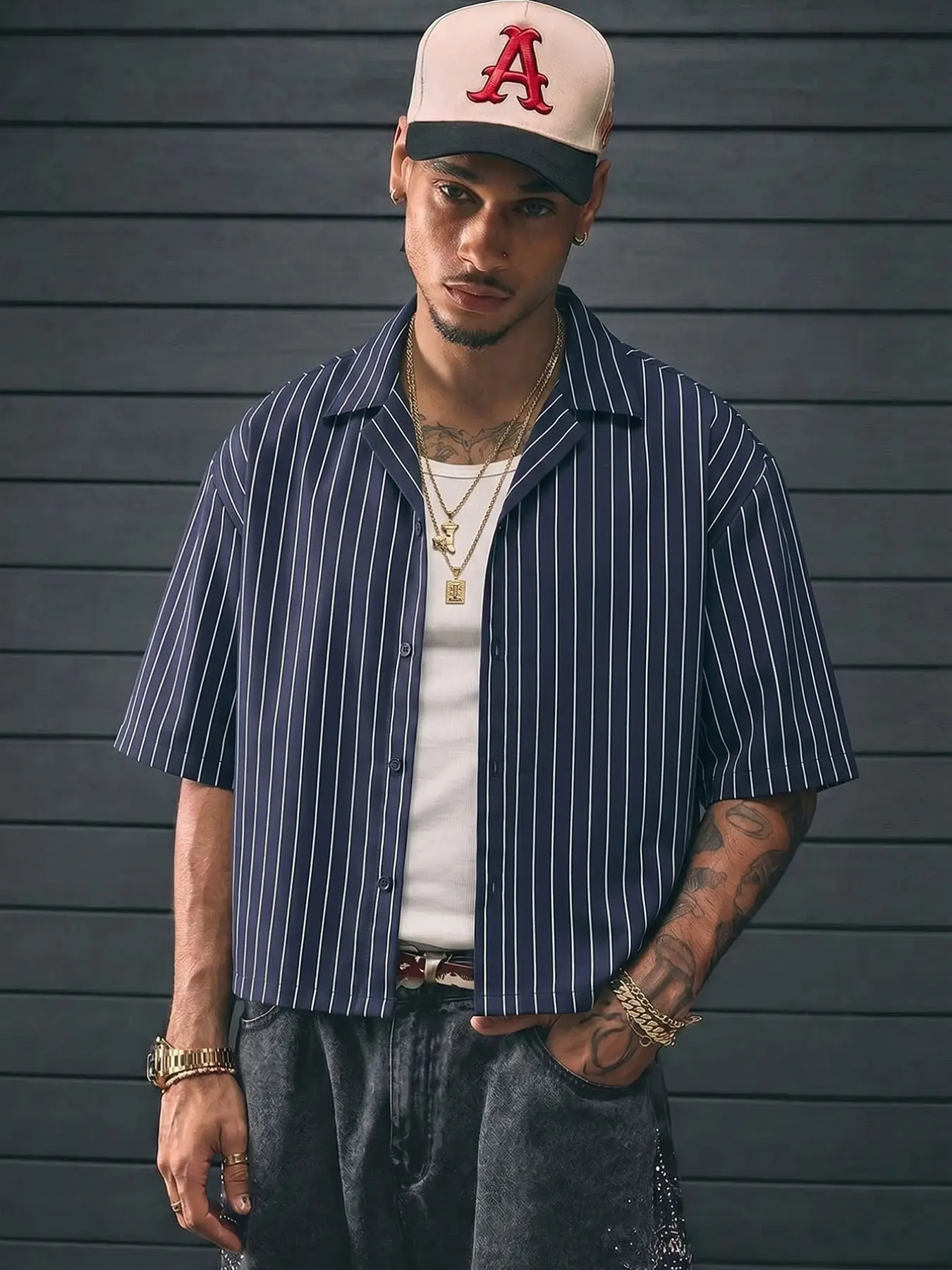 Men's Navy White Pinstripe Cuban Collar Short Sleeve Shirt, Menswear, Y2K Retro Loose Fit Baggy Cropped Casual Top, Baseball Style for Daily, Commute #springsaledeals2026 #summeroutfits #tiktokshopmademebuyit #menfashion