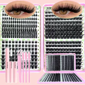 416pcs Eimny DIY Lash Extension Kit, 4 Style Mixed Spike, Eyelash Cluster & High Density, Wide Band, Bond Seal Tweezers, 3 Brushes, 800pcs Equivalent