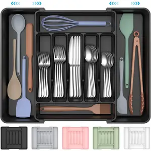 Extra Large Expandable Silverware Organizer, BPA-Free Food-Safe Cutlery Flatware Organizer, Adjustable Kitchen Utensil Drawer Organizer Holder for Spoons Forks Knives, Black