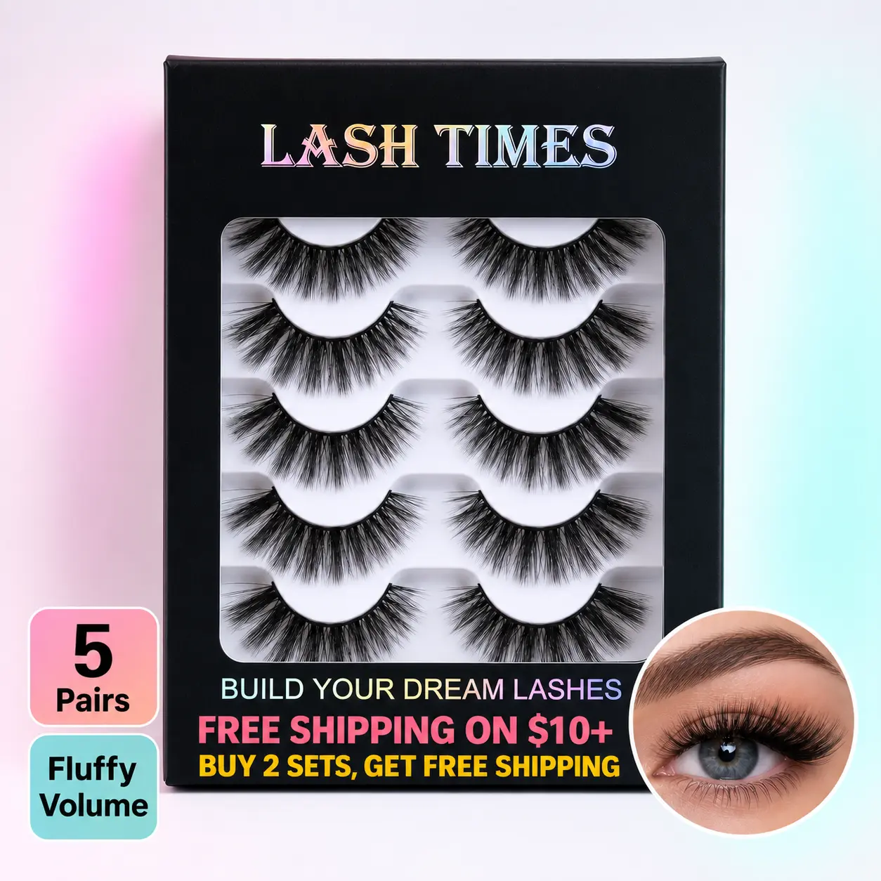 5-Pair Reusable Wispy Volume Eyelash Set, Synthetic Falsies Strip Lashes, Fluffy Soft Stick False Eyelashes & Adhesives for Everyday Natural Makeup Look